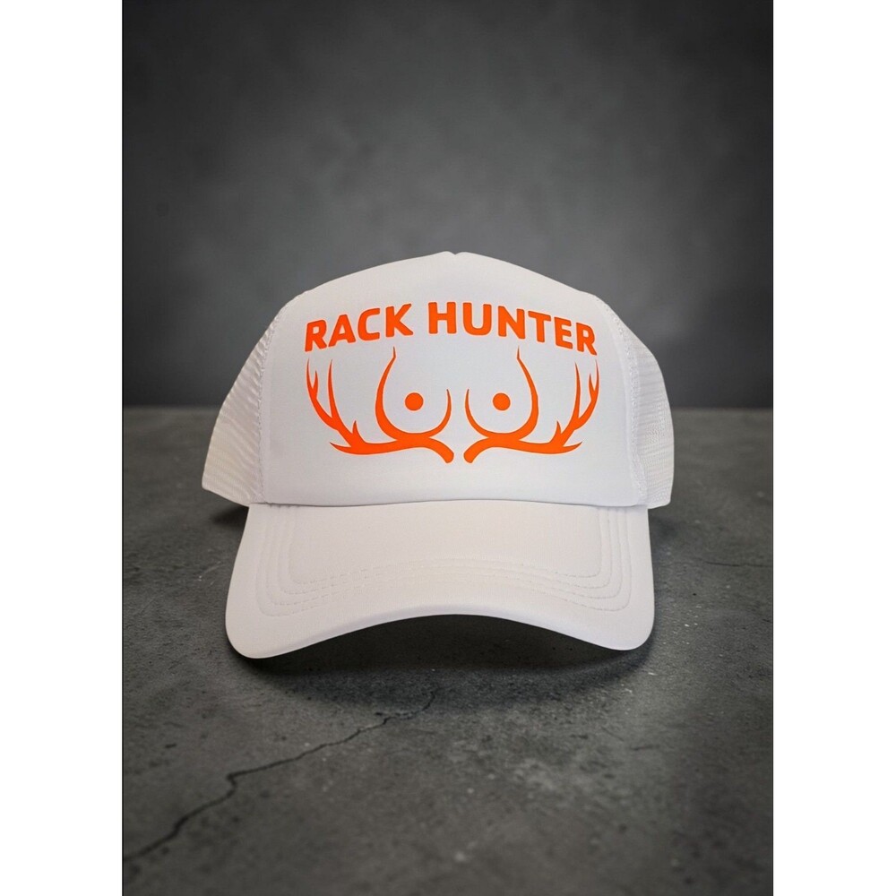 Rack Hunter white trucker hat gift for him hunt fish outdoor sports adult humor
